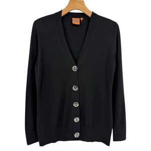 Tory Burch Merino Wool Simone Black V-Neck Cardigan Silver Logo Buttons Size L